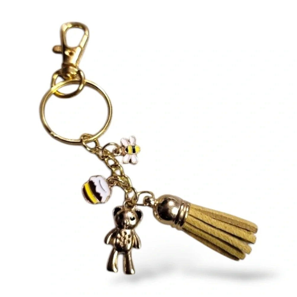 Bag Cham Key Chain with Tassel and Charms - Bear, Bee, Cupcake - Gold NIP